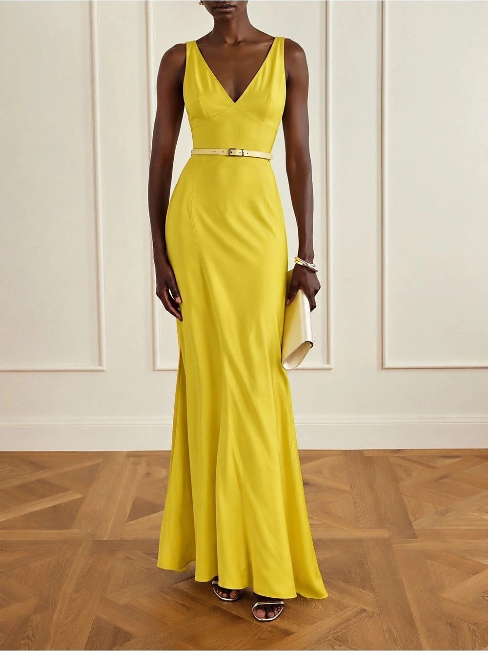 Victoria Beckham Yellow Maxi Dress Gown with belt size 8